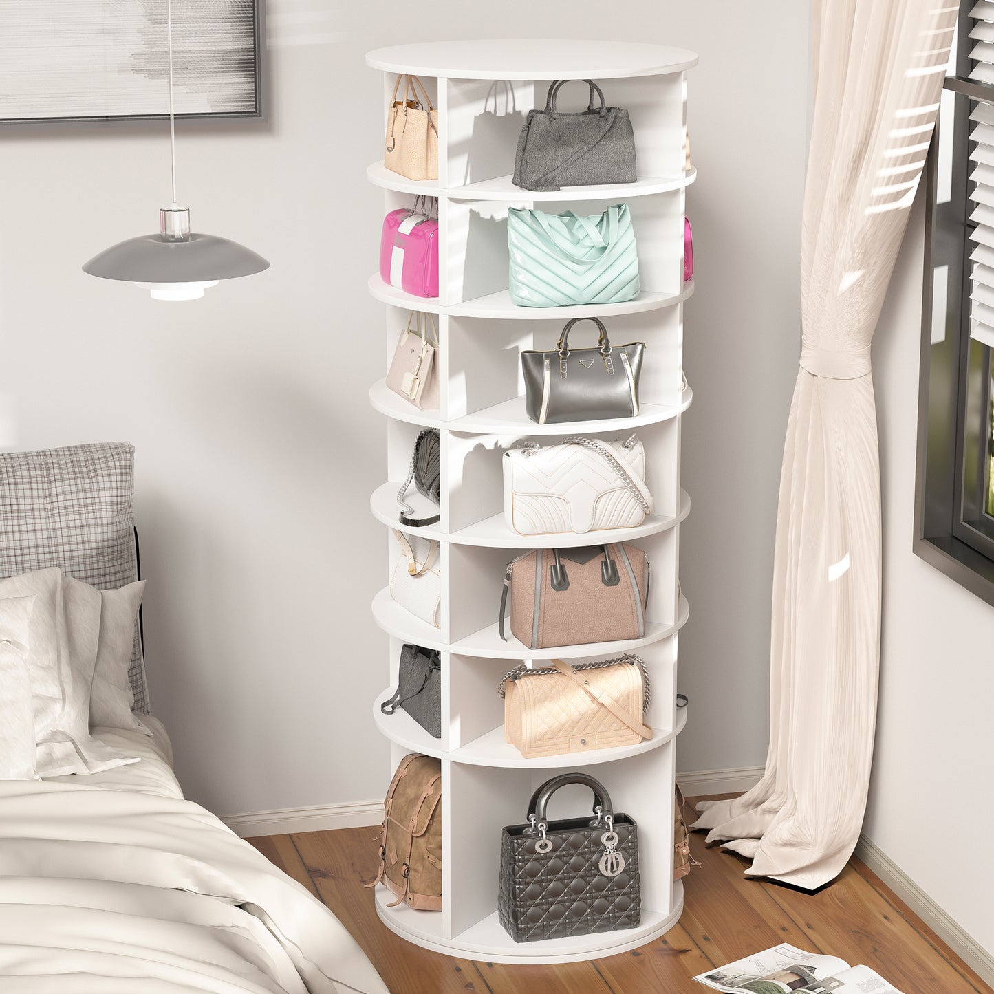 Rotating Shoe Rack Tower, 7-Tier Spinning Shoe Rack, Free Standing 360° Revolving Shoe Organizer, Fits 28 Pairs of Shoes (White)