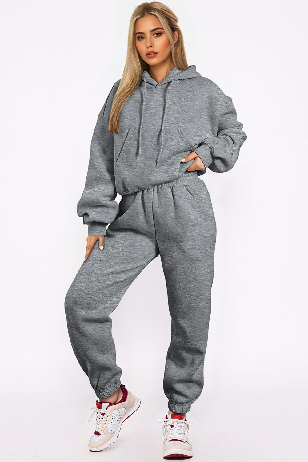 Gray Solid Drop Shoulder Hoodie and Jogger Set