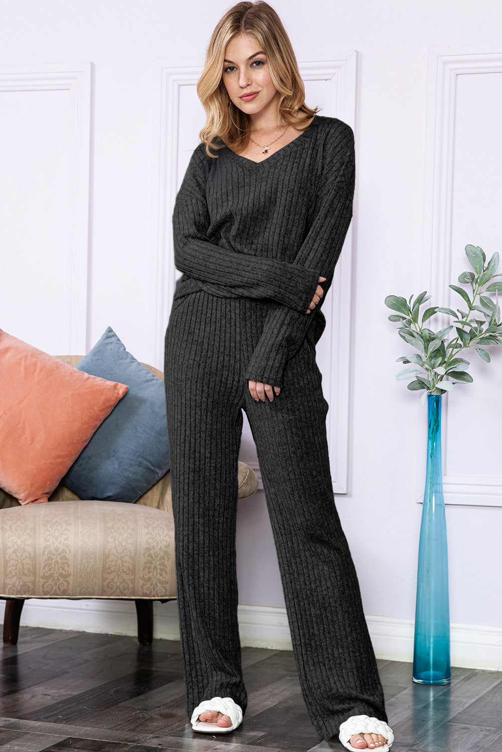 Black Slouchy Ribbed Knit V Neck Top & Pants Loungewear Set