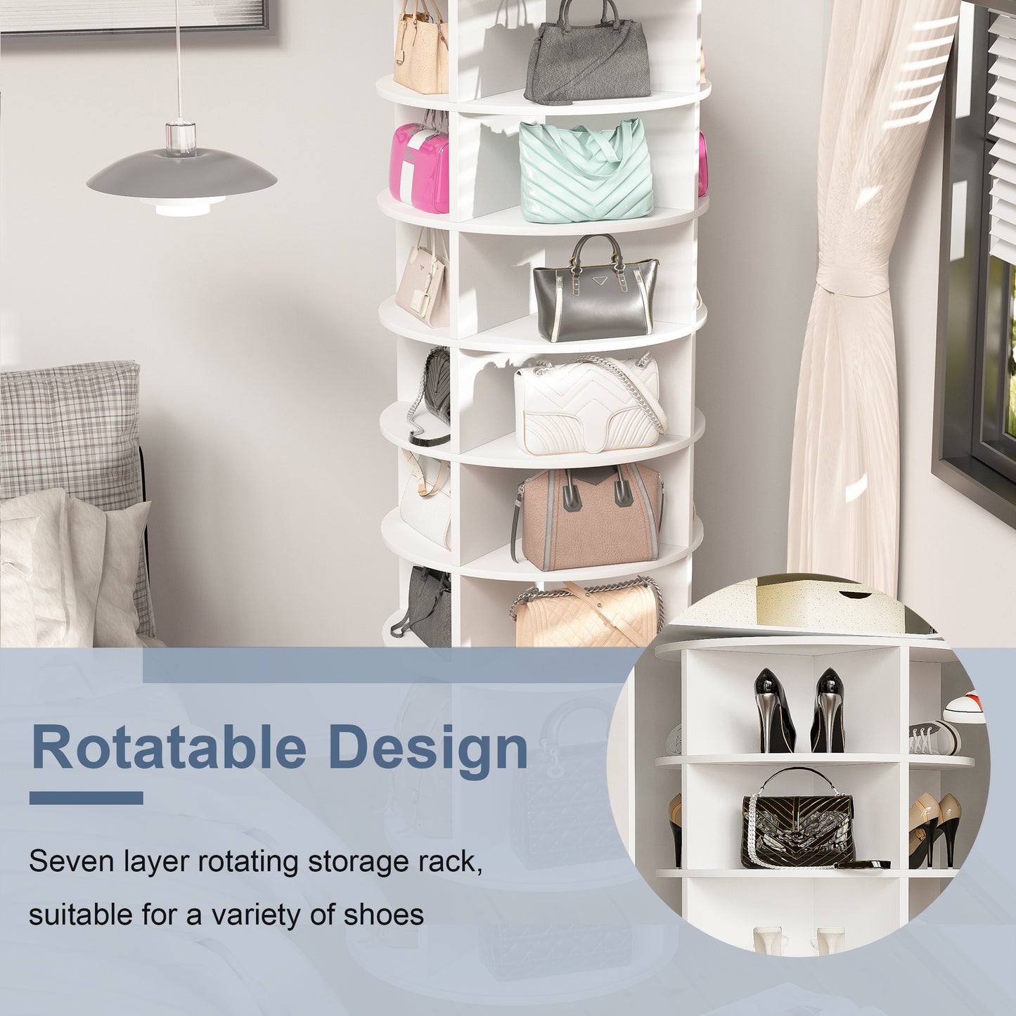 Rotating Shoe Rack Tower, 7-Tier Spinning Shoe Rack, Free Standing 360° Revolving Shoe Organizer, Fits 28 Pairs of Shoes (White)