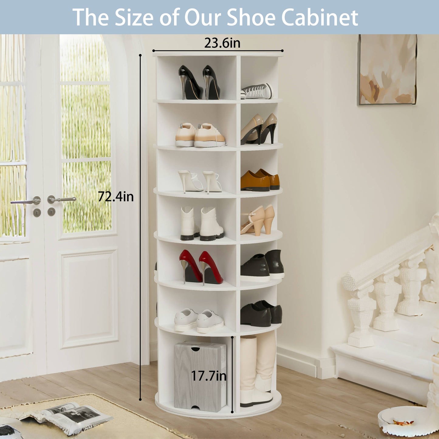 Rotating Shoe Rack Tower, 7-Tier Spinning Shoe Rack, Free Standing 360° Revolving Shoe Organizer, Fits 28 Pairs of Shoes (White)