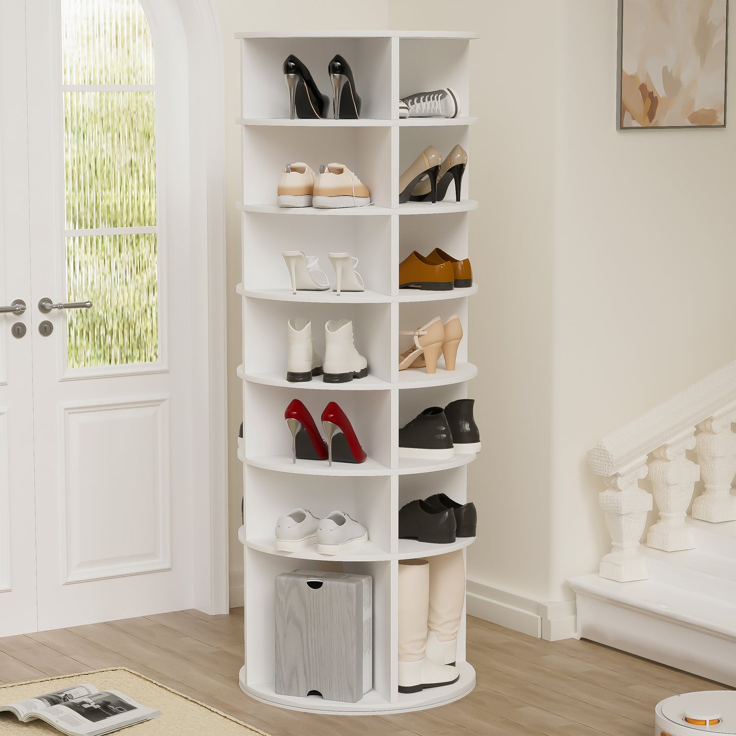 Rotating Shoe Rack Tower, 7-Tier Spinning Shoe Rack, Free Standing 360° Revolving Shoe Organizer, Fits 28 Pairs of Shoes (White)