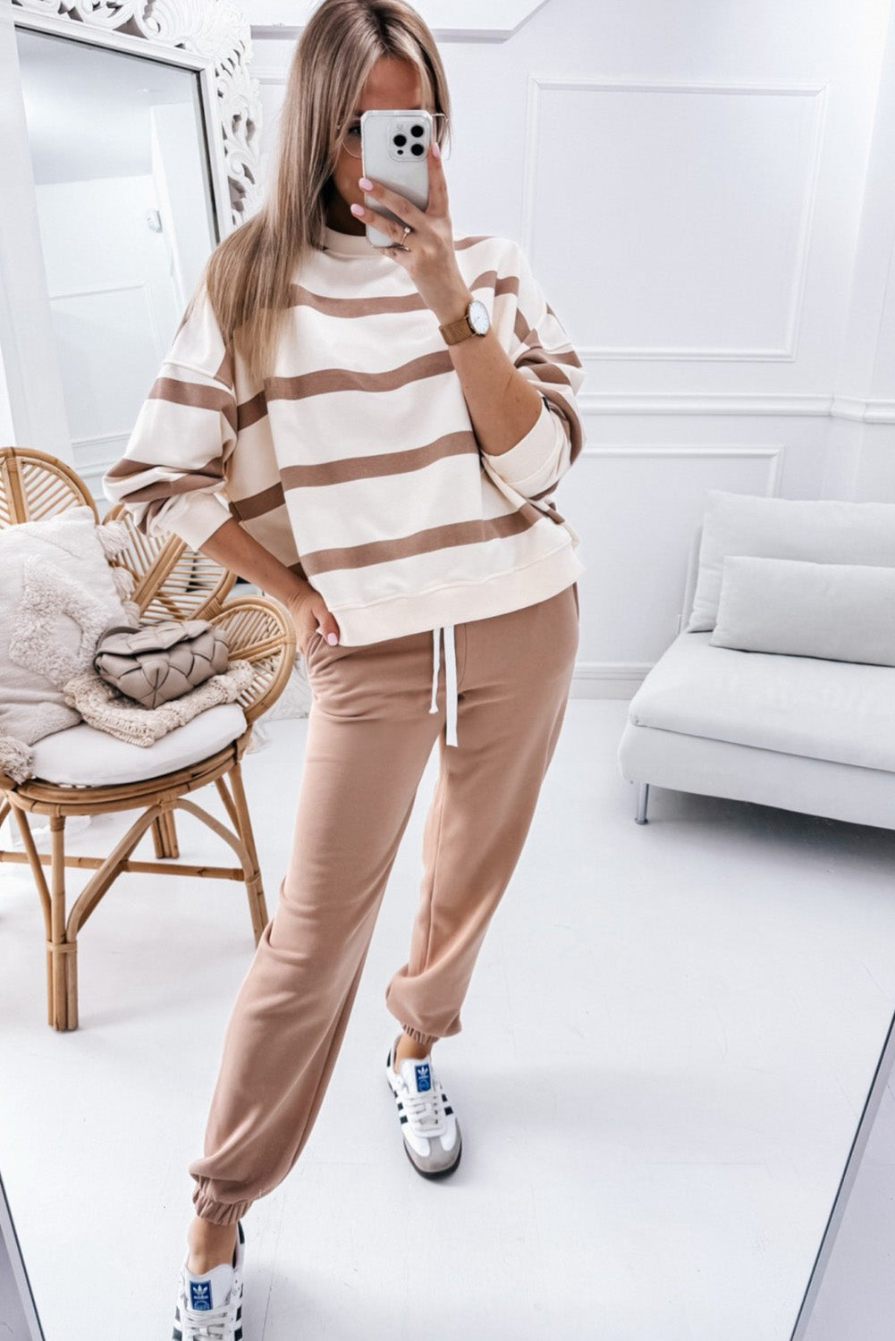 Brown Striped Drop Shoulder Pullover and Joggers Set