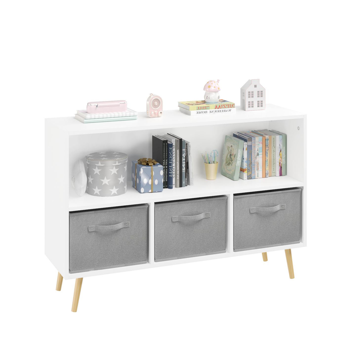 Kids bookcase with Collapsible Fabric Drawers, Children's Book Display, Toy Storage Cabinet Organizer, White/Gray