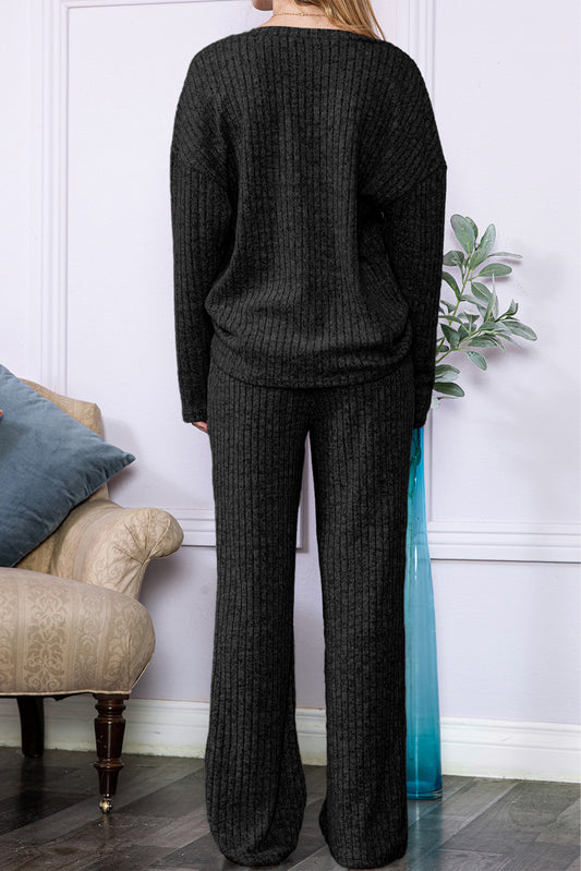 Black Slouchy Ribbed Knit V Neck Top & Pants Loungewear Set