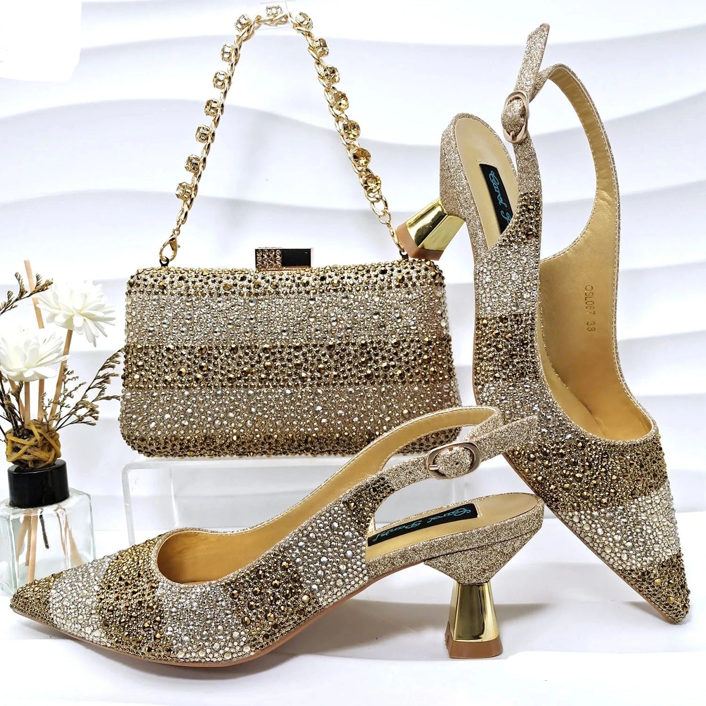 Women Rhinestones Shoes and Bag Set