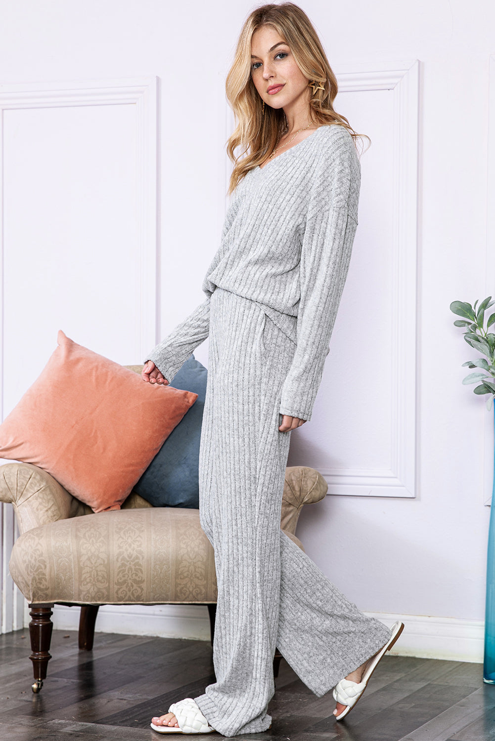 Black Slouchy Ribbed Knit V Neck Top & Pants Loungewear Set