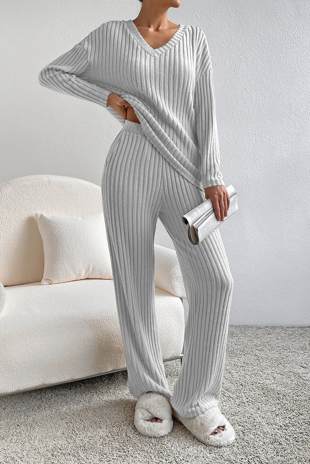 Black Slouchy Ribbed Knit V Neck Top & Pants Loungewear Set