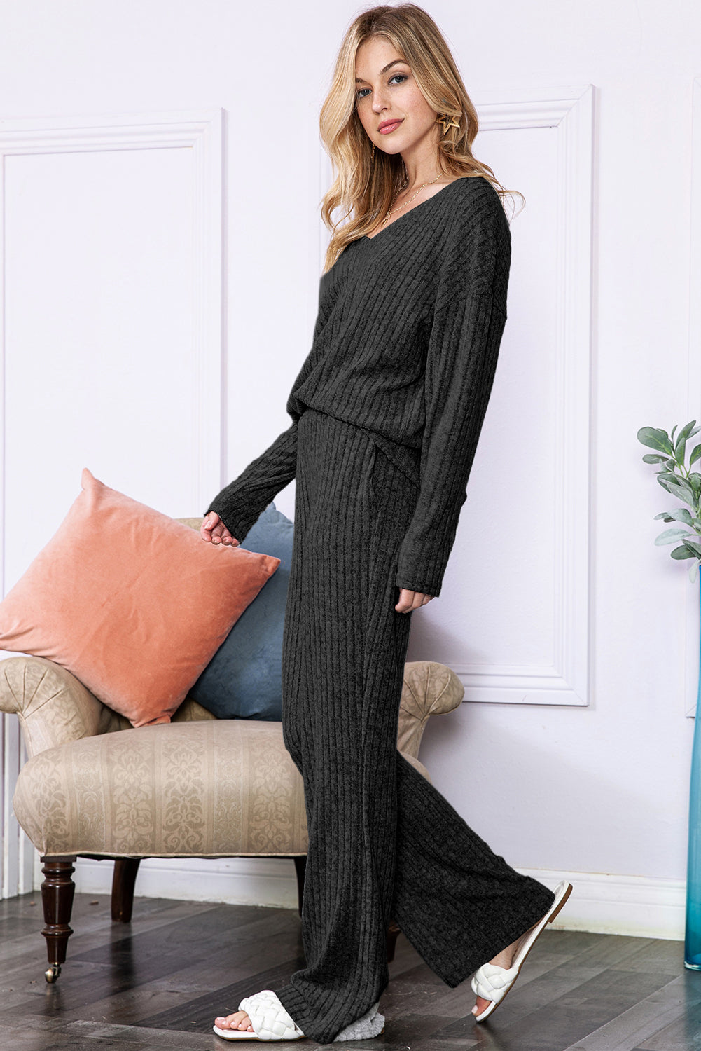 Black Slouchy Ribbed Knit V Neck Top & Pants Loungewear Set