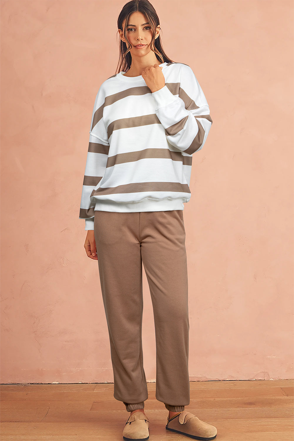 Brown Striped Drop Shoulder Pullover and Joggers Set