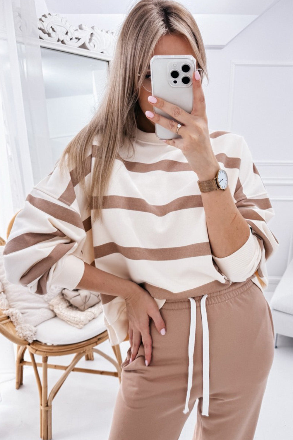 Brown Striped Drop Shoulder Pullover and Joggers Set