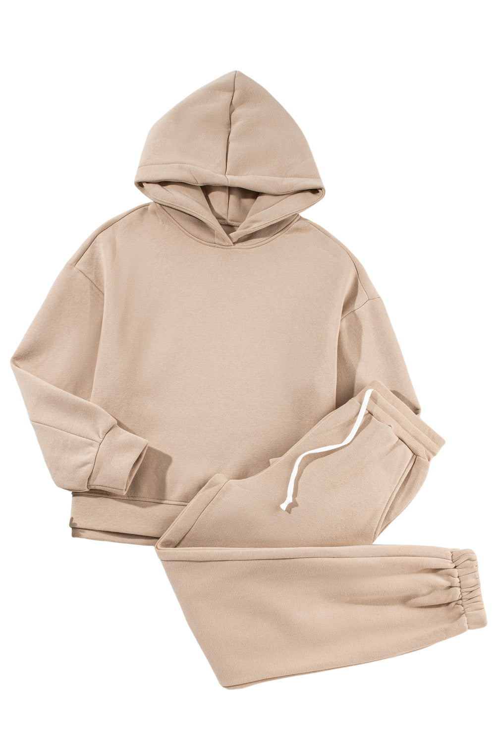 Khaki Solid Color Hoodie and Drawstring Joggers Set