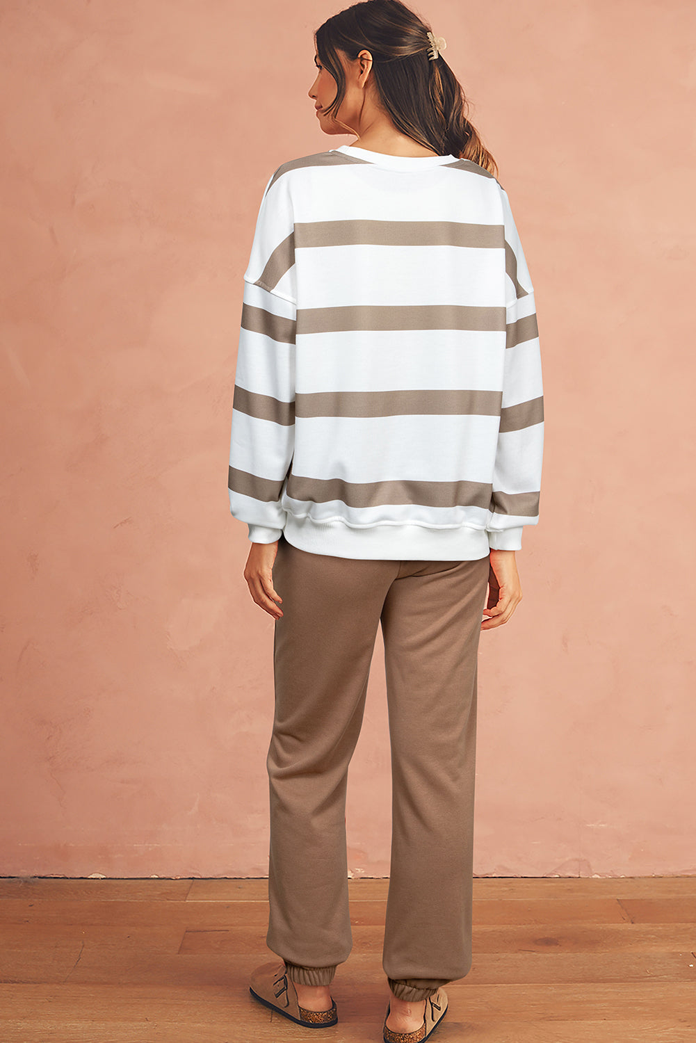 Brown Striped Drop Shoulder Pullover and Joggers Set